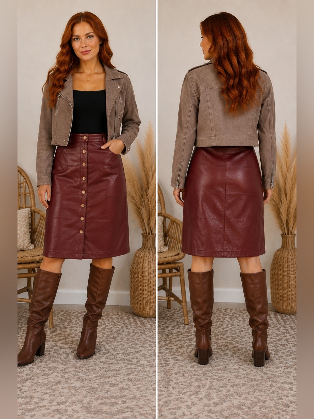 Böhme Burgundy Vegan Leather Button Front Midi Skirt Size Large